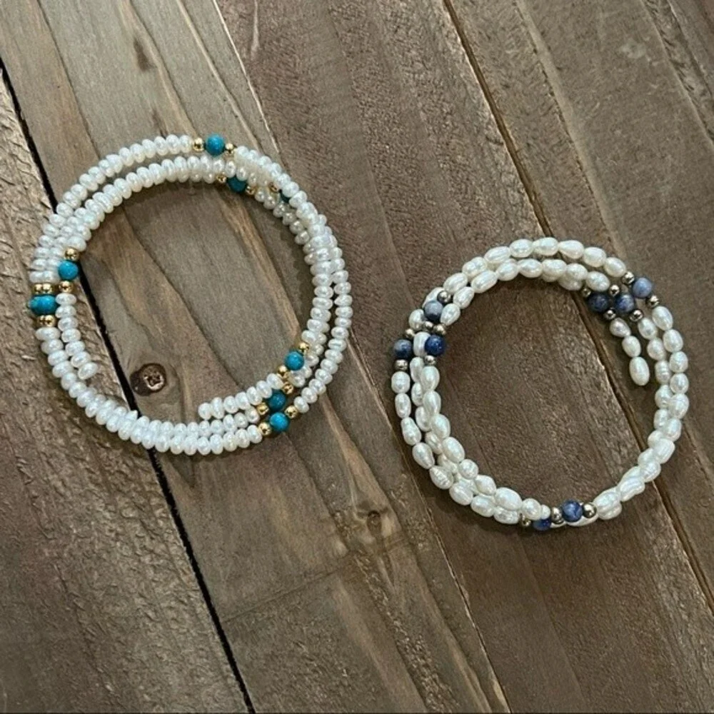 Two Freshwater Pearl Gemstone Memory Wire Bracelet